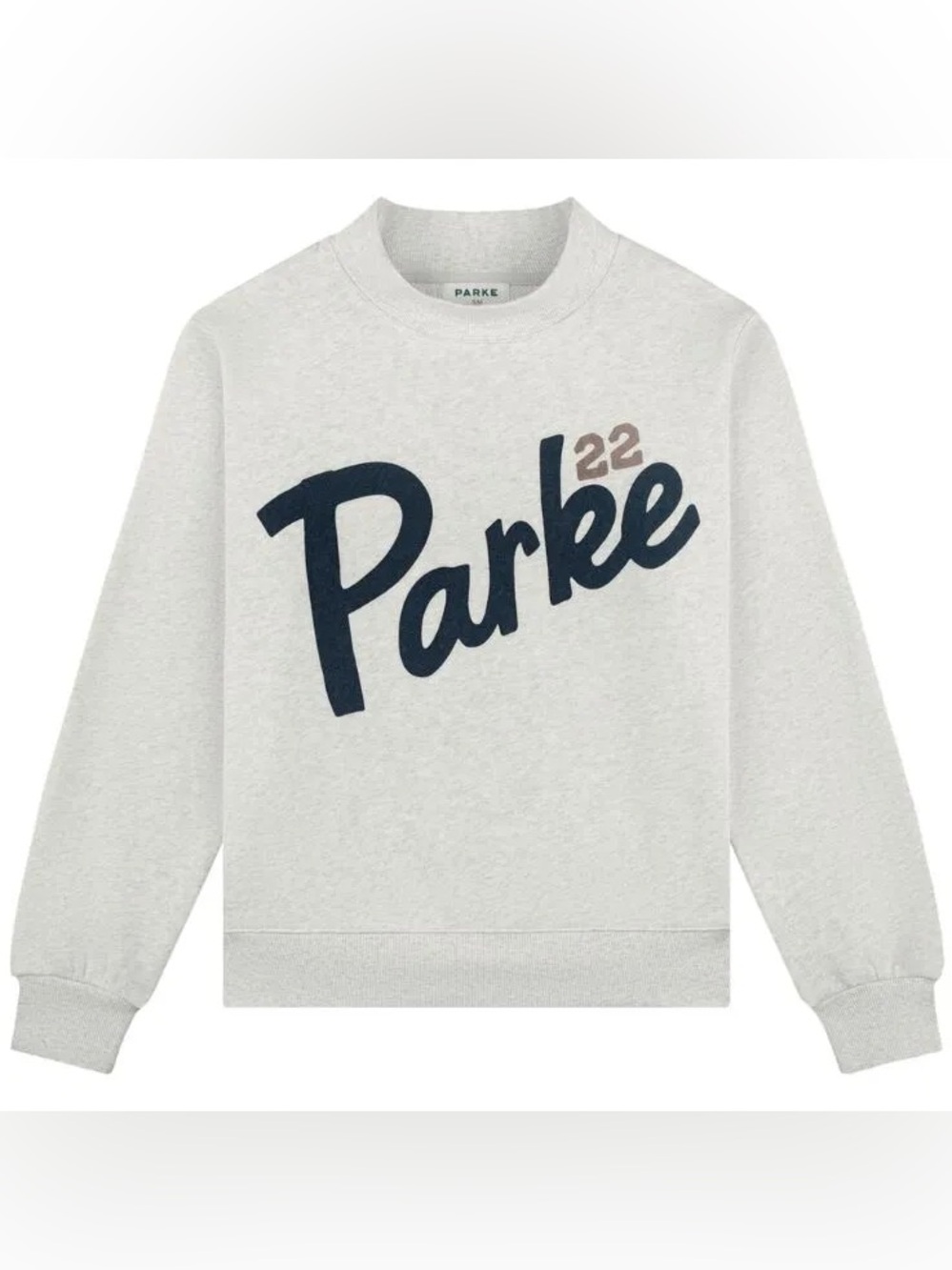 PARKE Varsity Mockneck Crew Sweater Graphic Fleece 22 Navy Heathered Grey